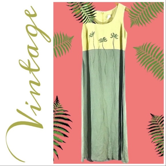 Vintage Light Green & Citron Palm Tree Embroidered Sleeveless Maxi Dress SZ 6 - Picture 2 of 10